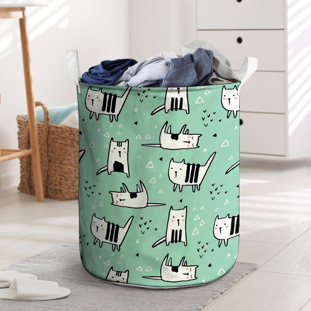 Cute Green Doodle Cat Print Laundry Basket-grizzshop