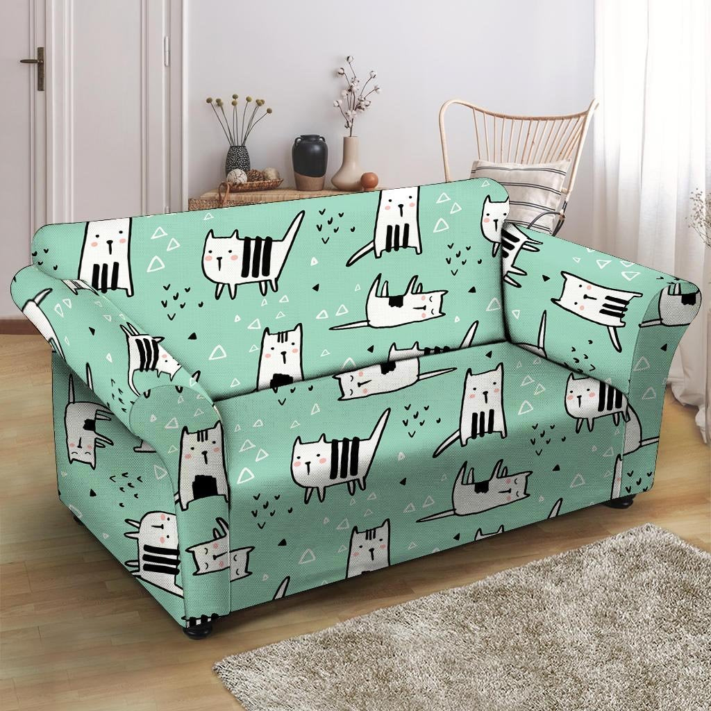 Cute Green Doodle Cat Print Loveseat Cover-grizzshop