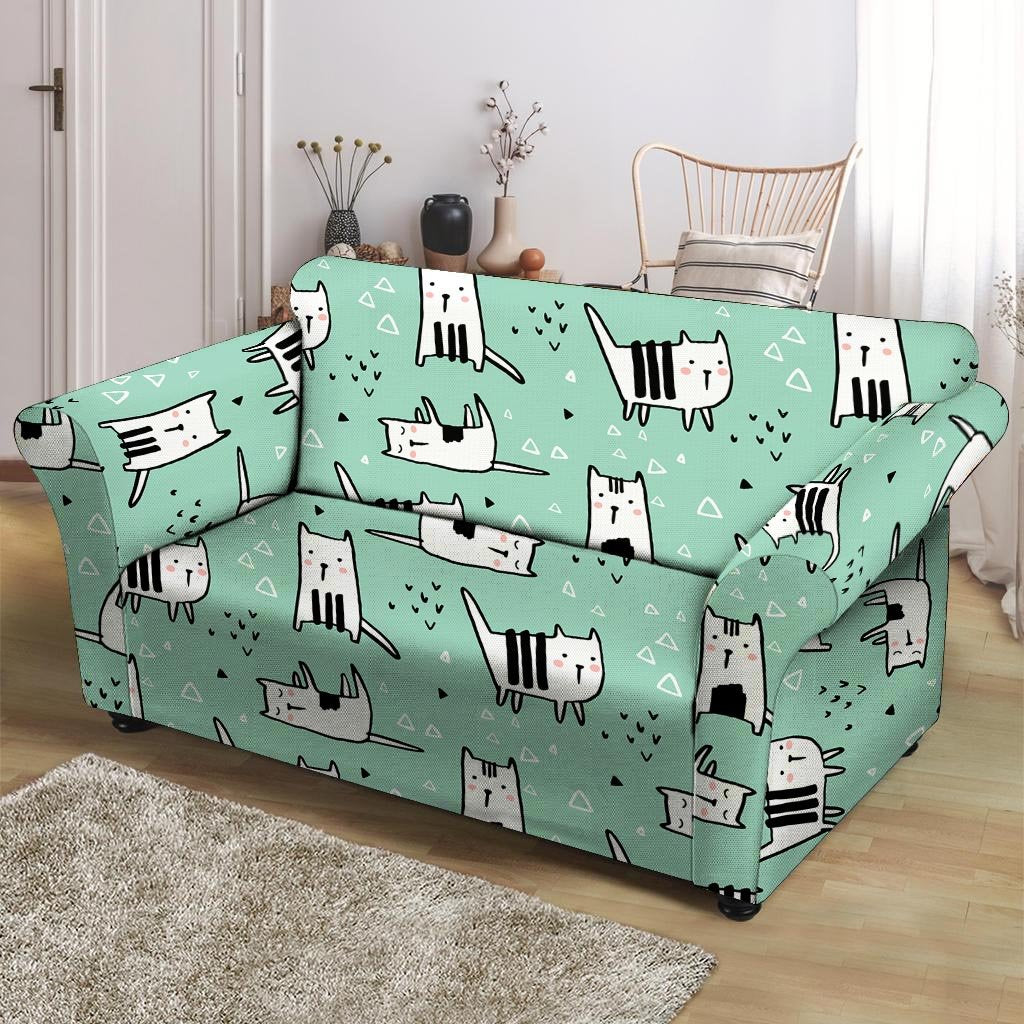 Cute Green Doodle Cat Print Loveseat Cover-grizzshop