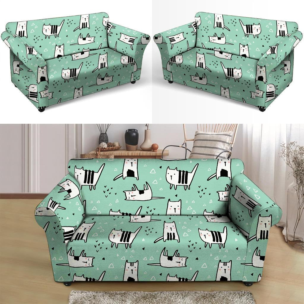 Cute Green Doodle Cat Print Loveseat Cover-grizzshop