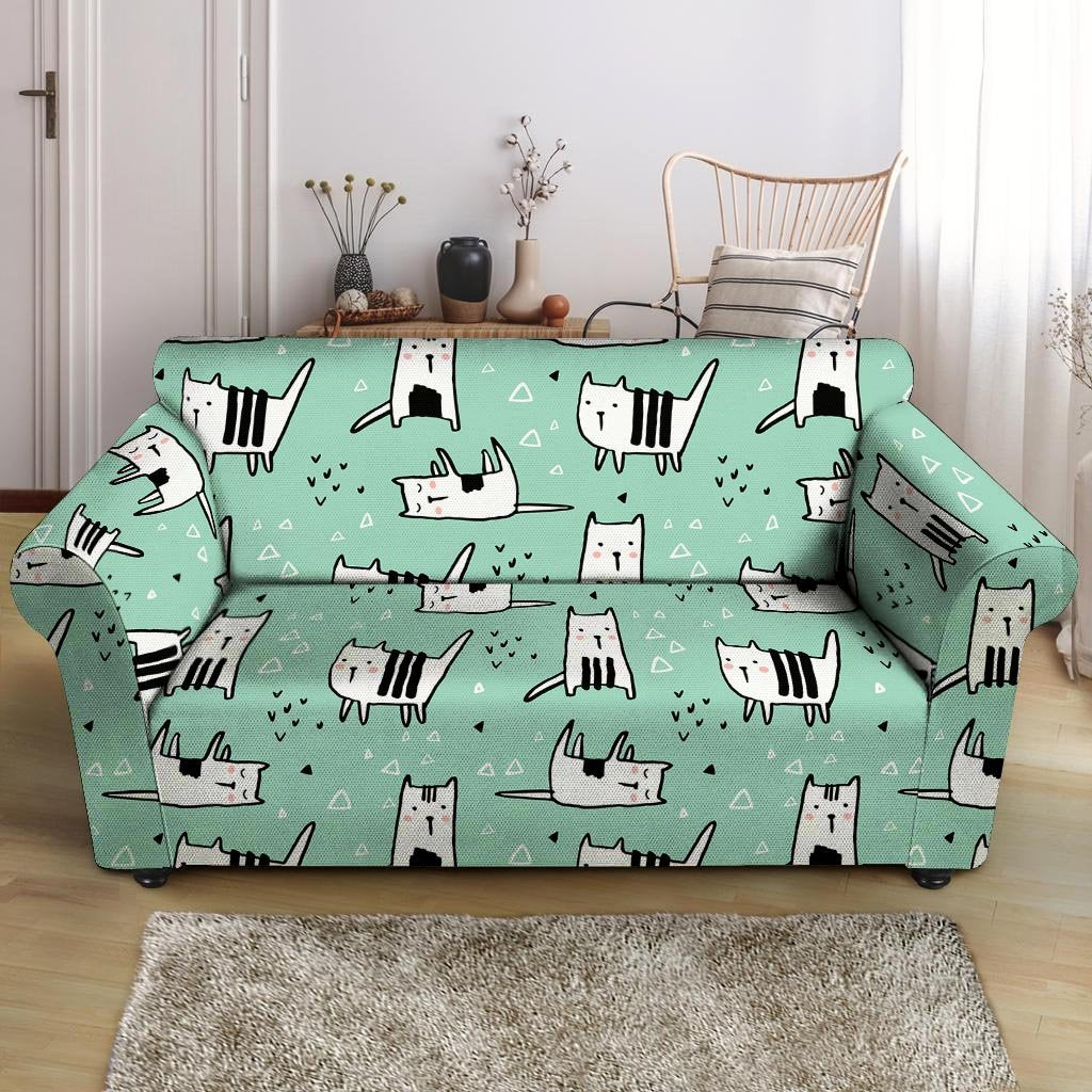 Cute Green Doodle Cat Print Loveseat Cover-grizzshop