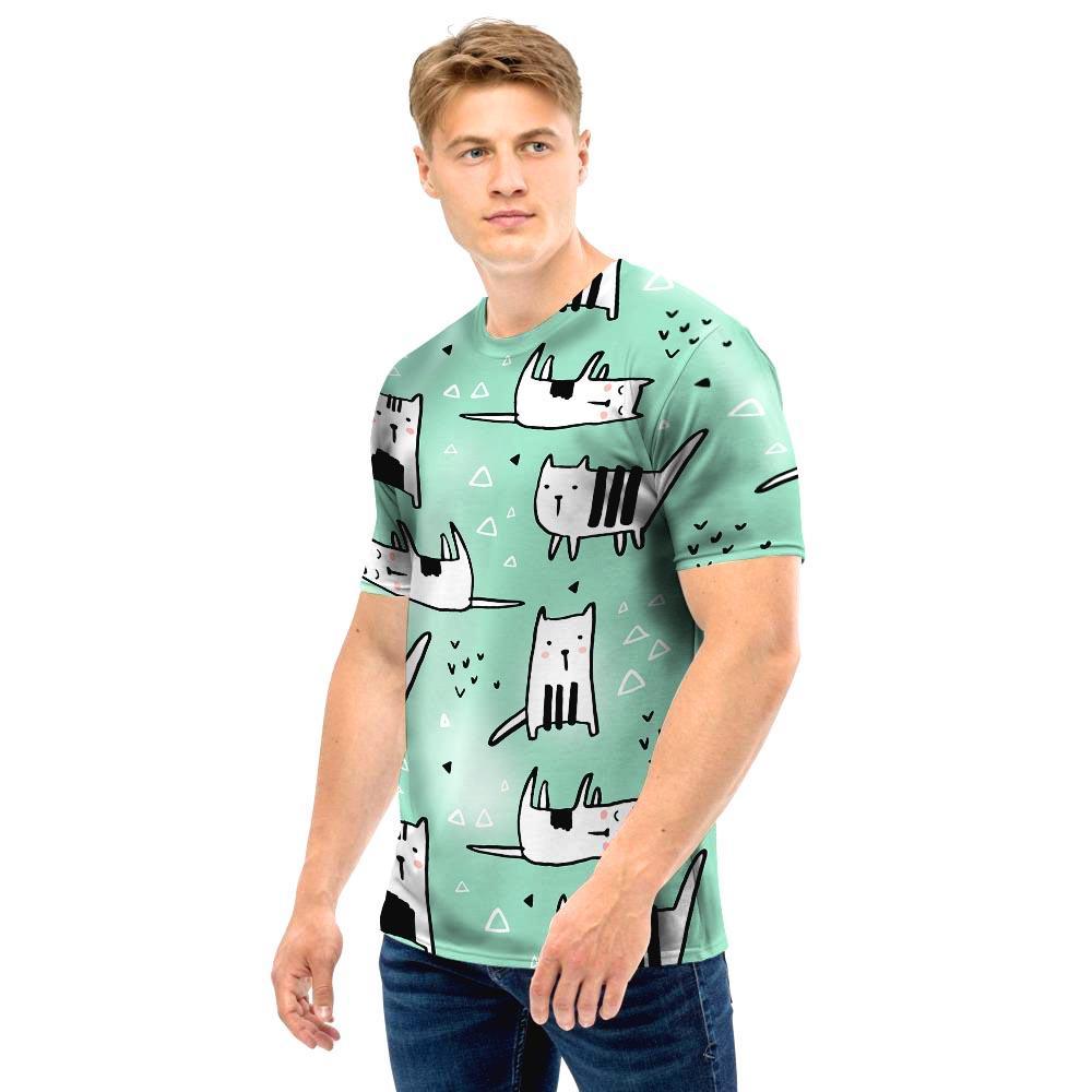 Cute Green Doodle Cat Print Men T Shirt-grizzshop