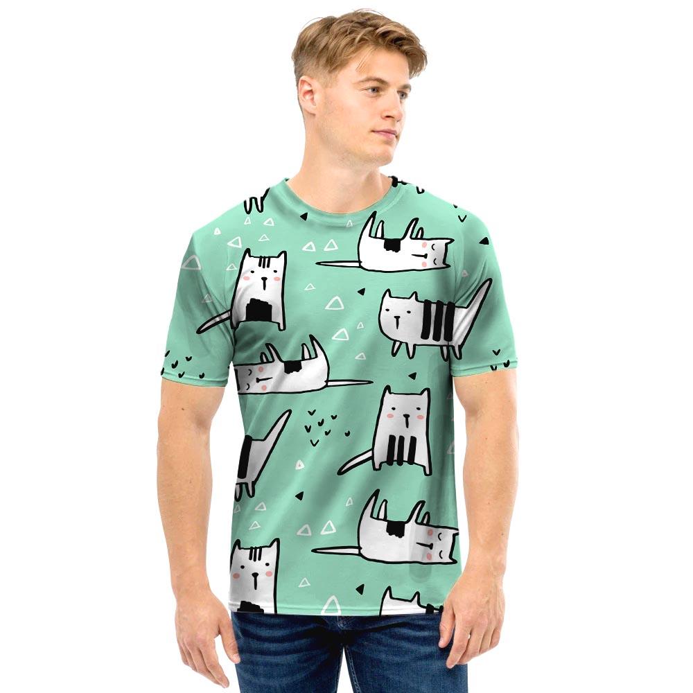 Cute Green Doodle Cat Print Men T Shirt-grizzshop