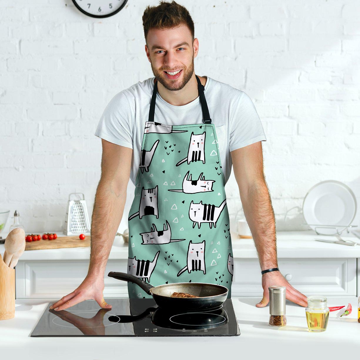 Cute Green Doodle Cat Print Men's Apron-grizzshop