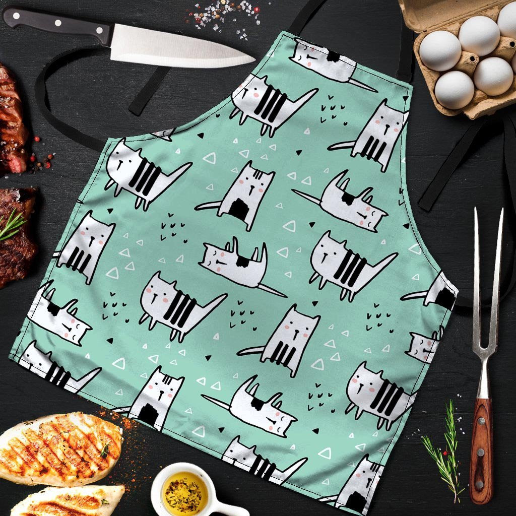 Cute Green Doodle Cat Print Men's Apron-grizzshop