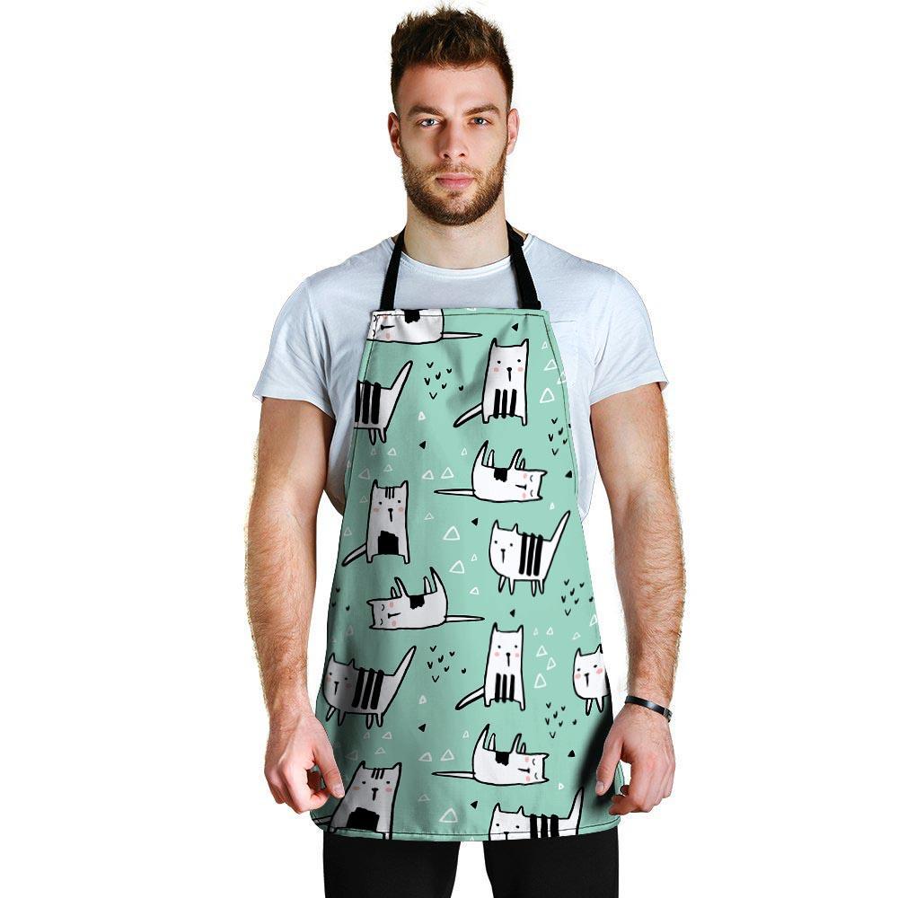 Cute Green Doodle Cat Print Men's Apron-grizzshop