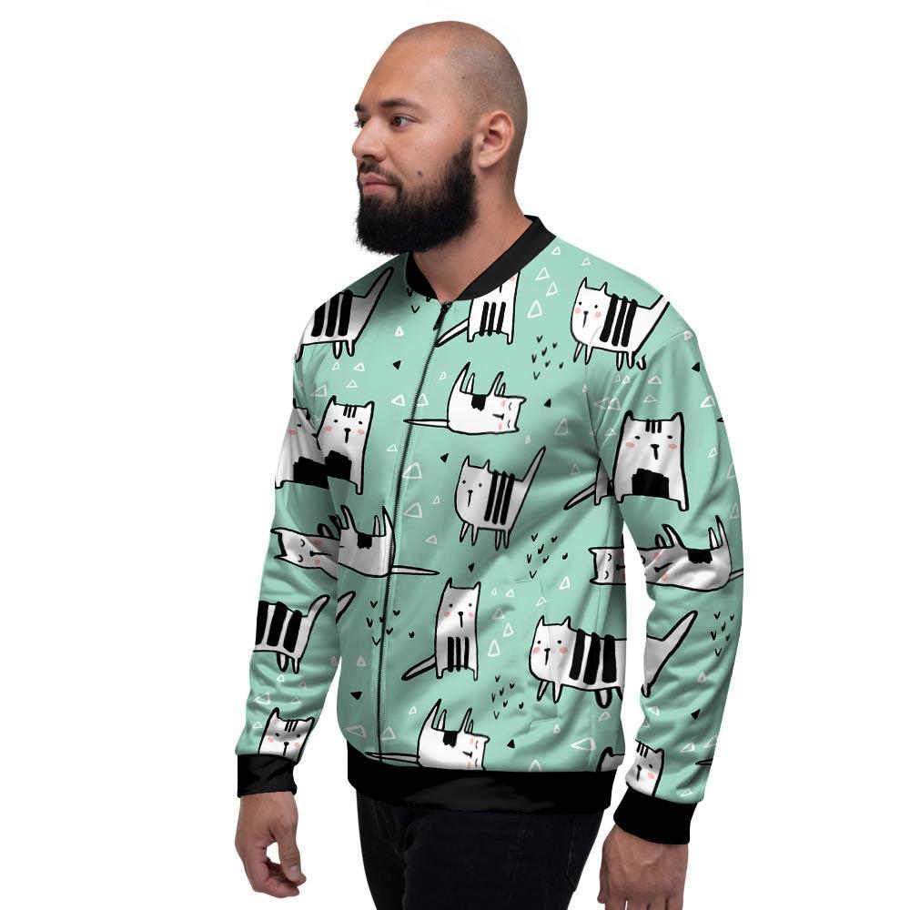 Cute Green Doodle Cat Print Men's Bomber Jacket-grizzshop