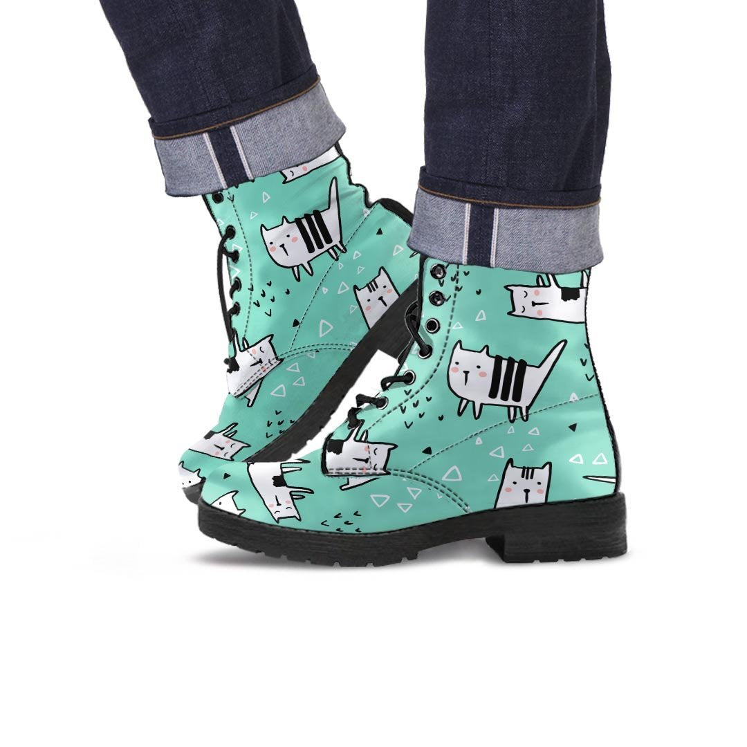 Cute Green Doodle Cat Print Men's Boots-grizzshop