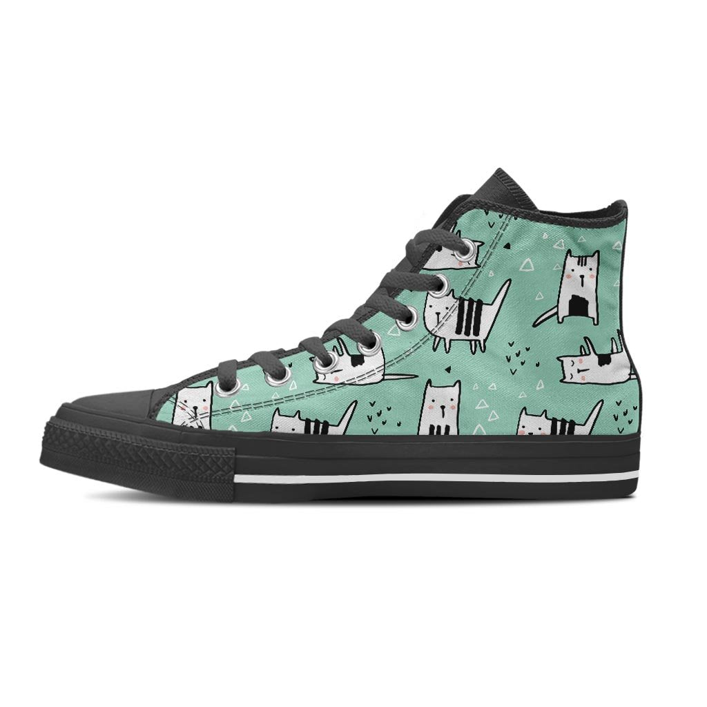 Cute Green Doodle Cat Print Men's High Top Shoes-grizzshop