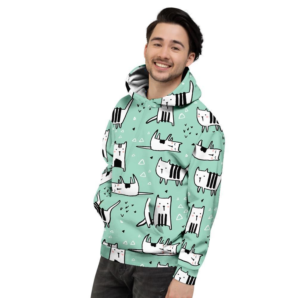 Cute Green Doodle Cat Print Men's Hoodie-grizzshop