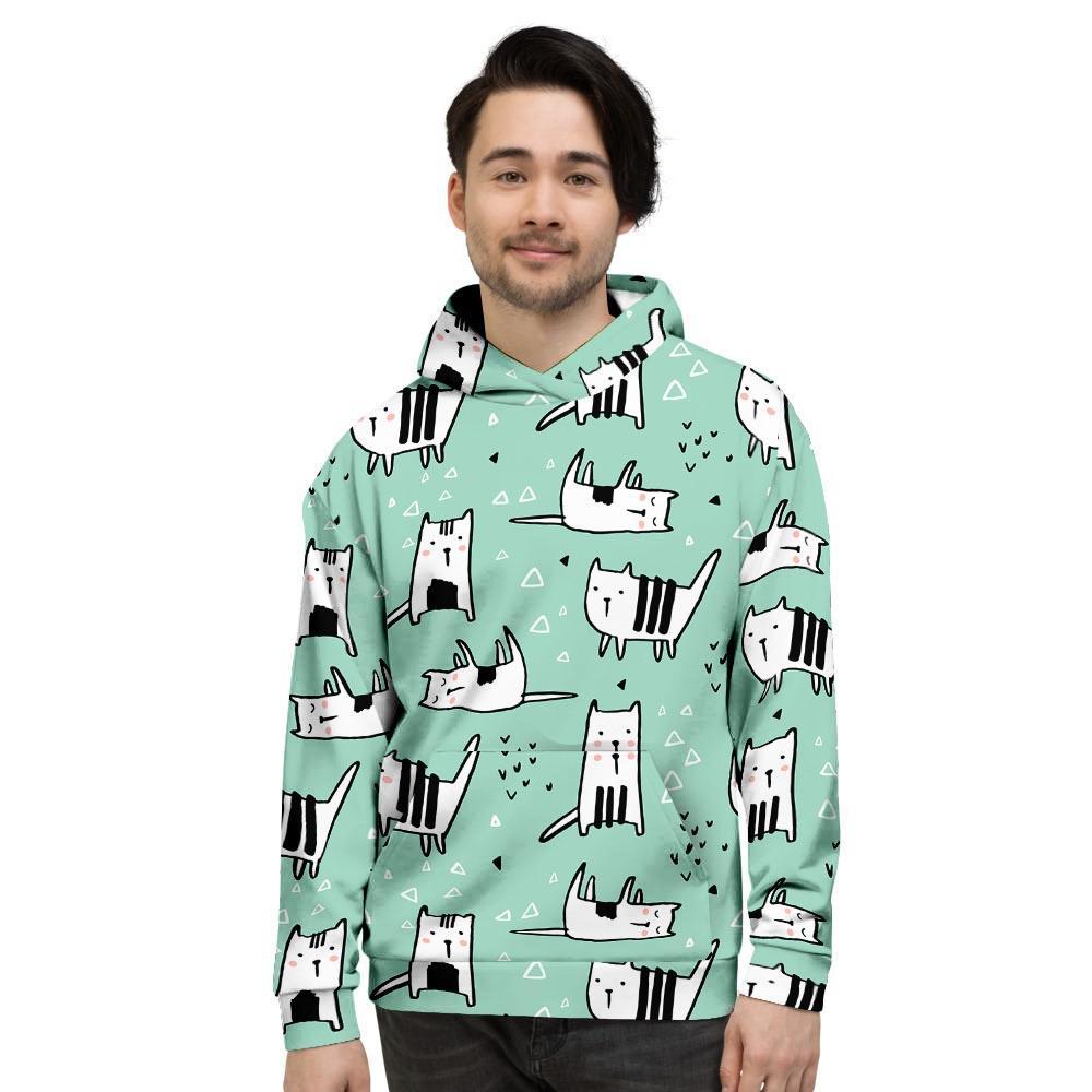 Cute Green Doodle Cat Print Men's Hoodie-grizzshop