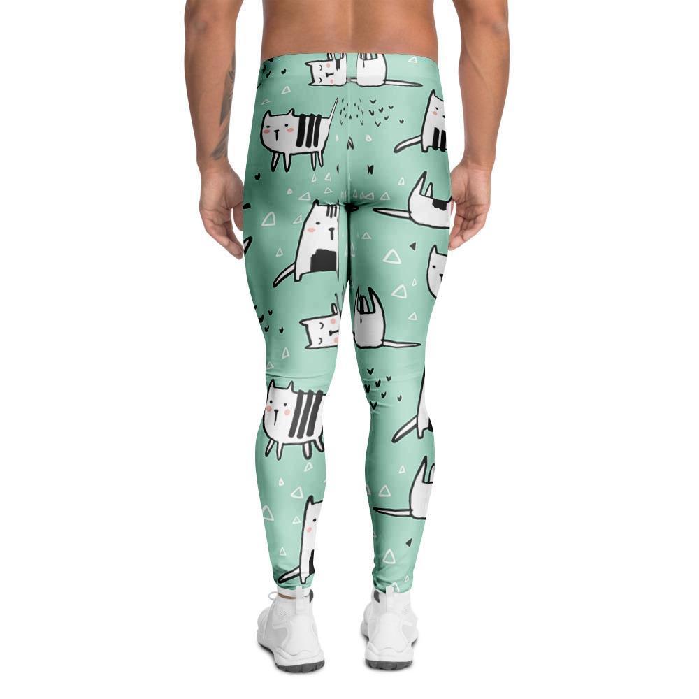 Cute Green Doodle Cat Print Men's Leggings-grizzshop