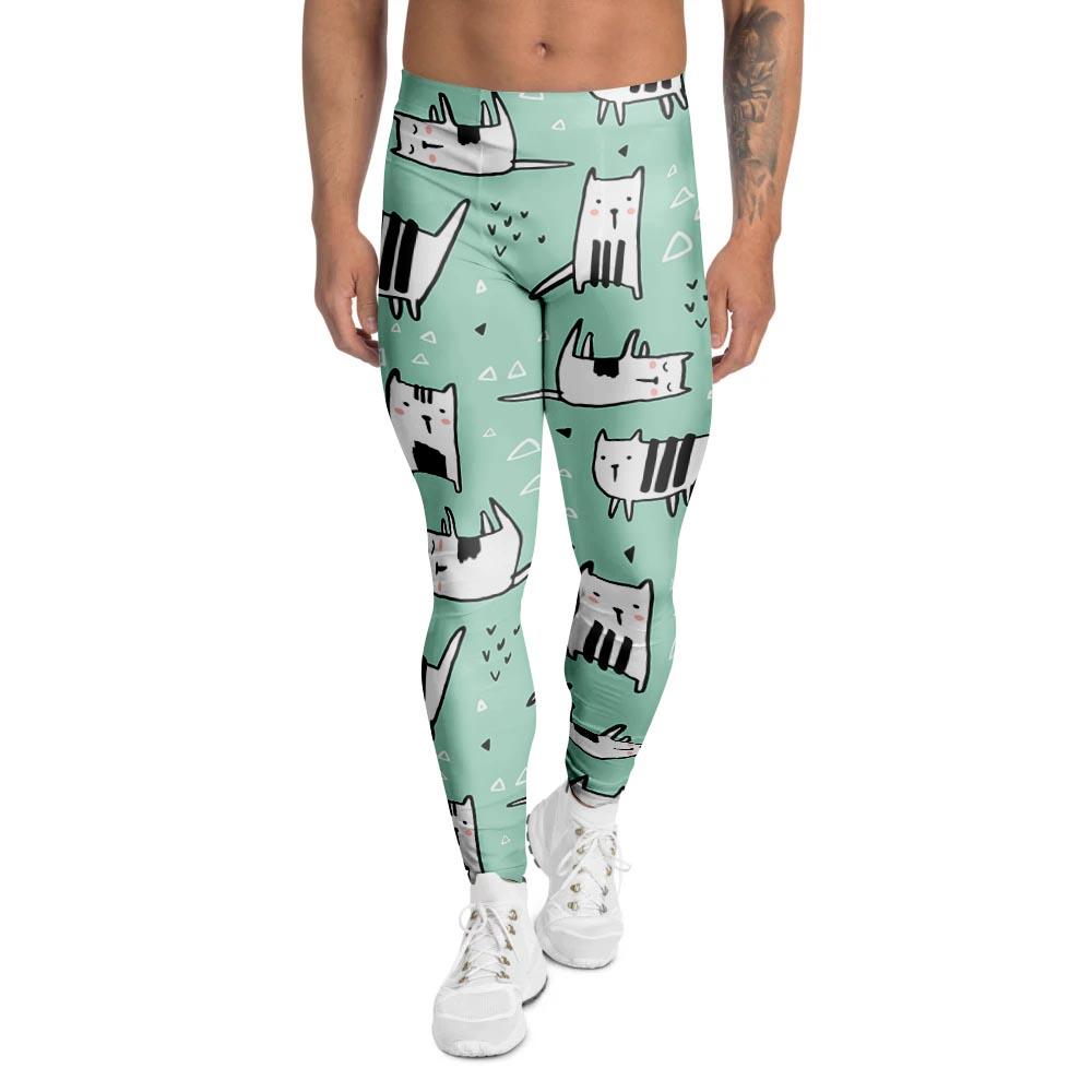 Cute Green Doodle Cat Print Men's Leggings-grizzshop