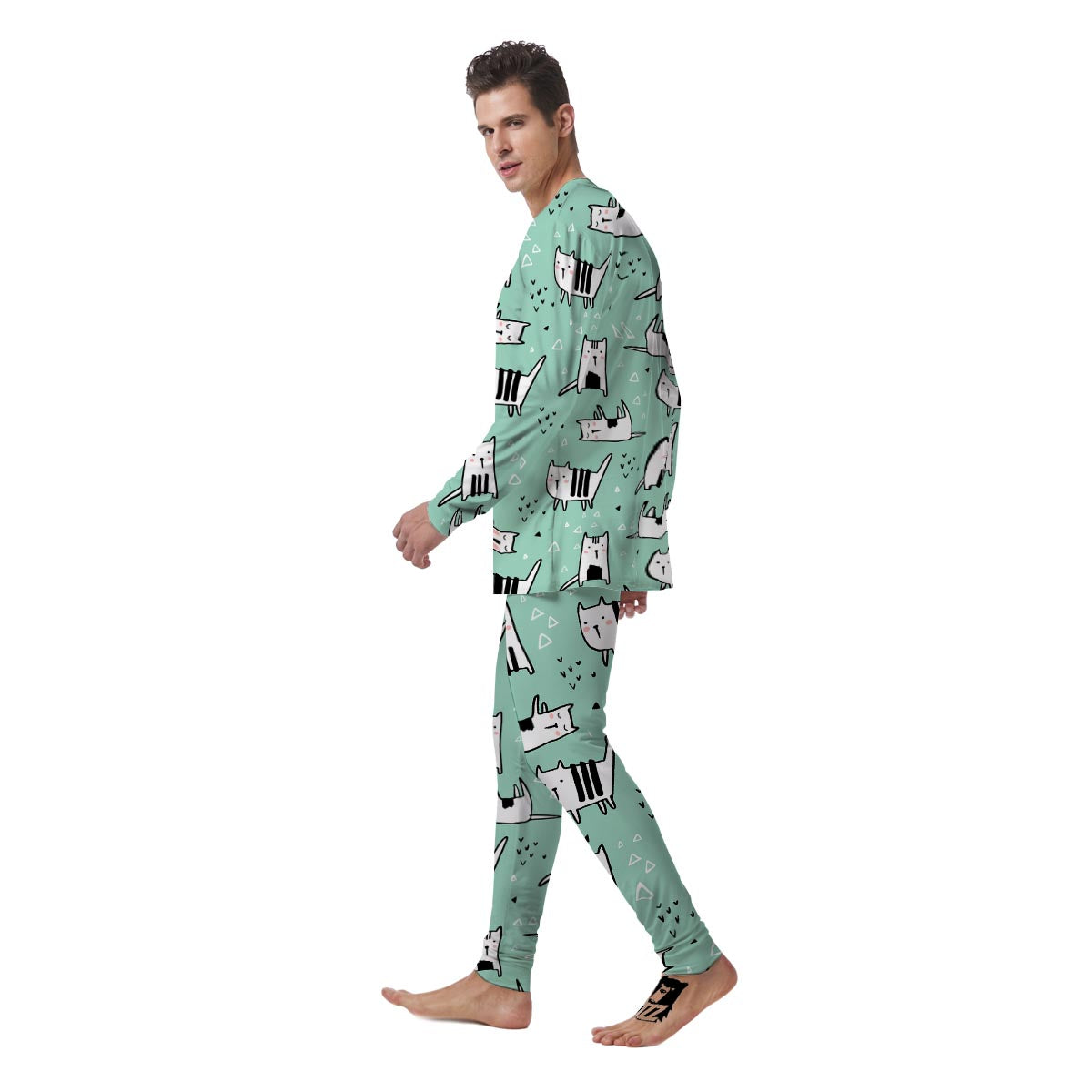 Cute Green Doodle Cat Print Men's Pajamas-grizzshop