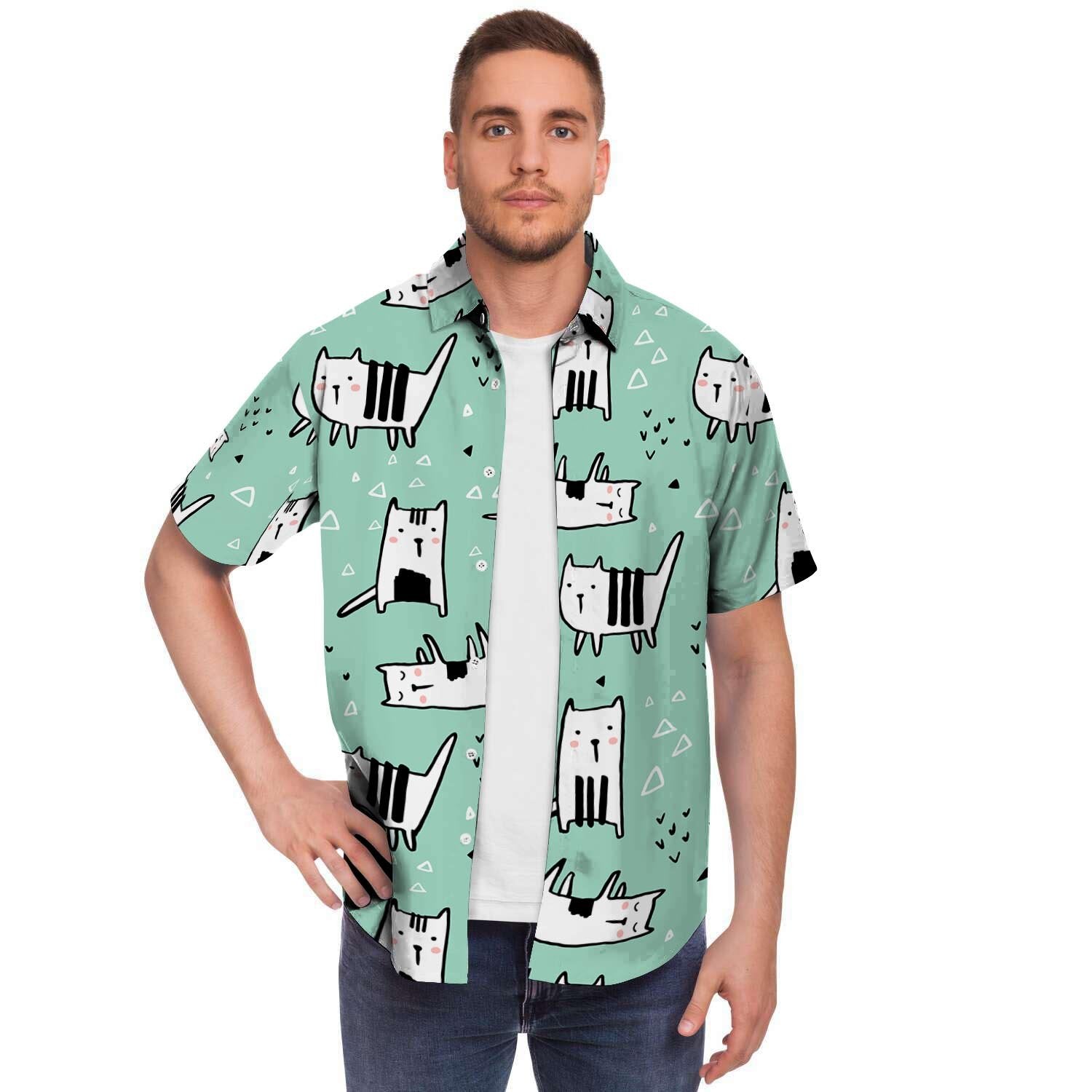 Cute Green Doodle Cat Print Men's Short Sleeve Shirt-grizzshop