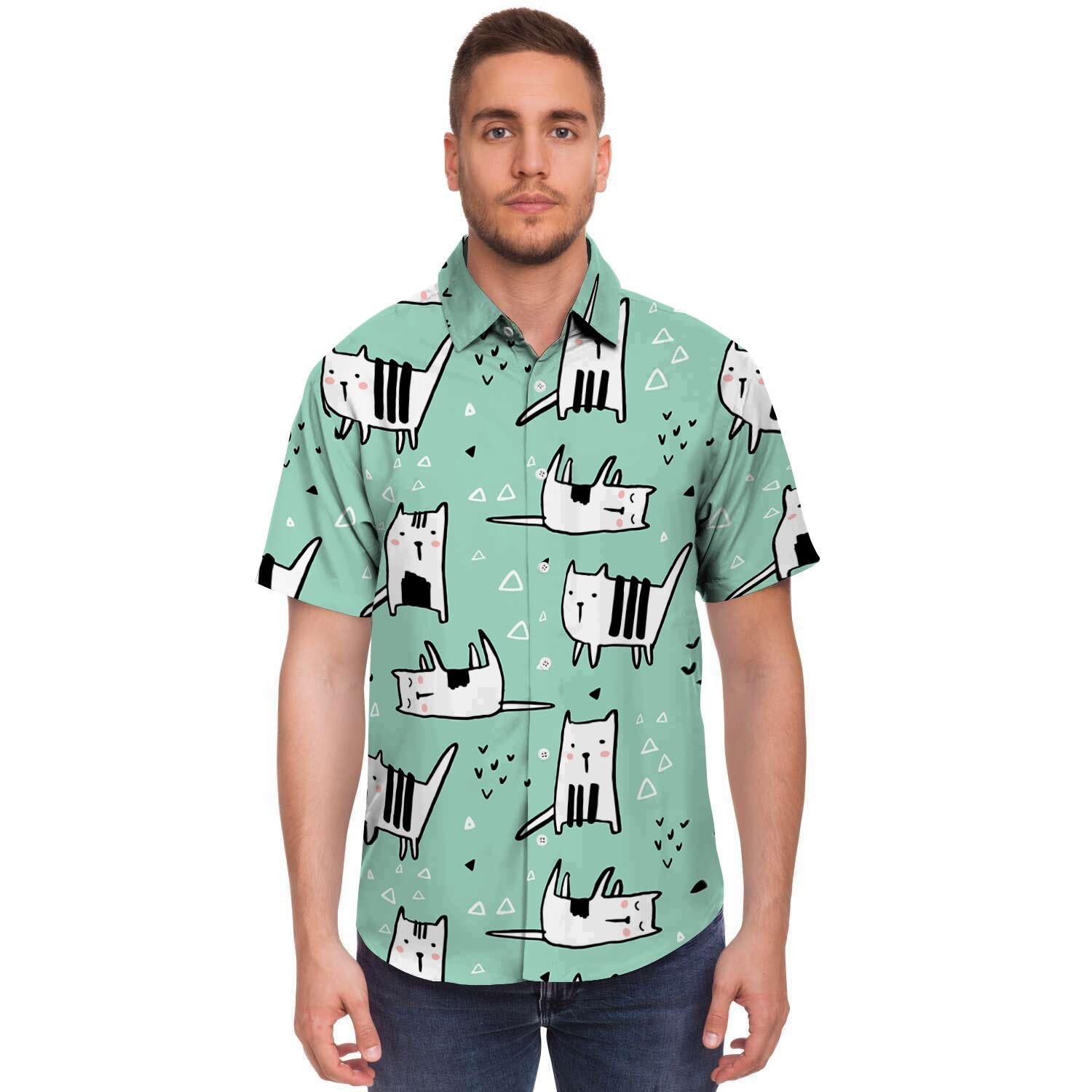 Cute Green Doodle Cat Print Men's Short Sleeve Shirt-grizzshop