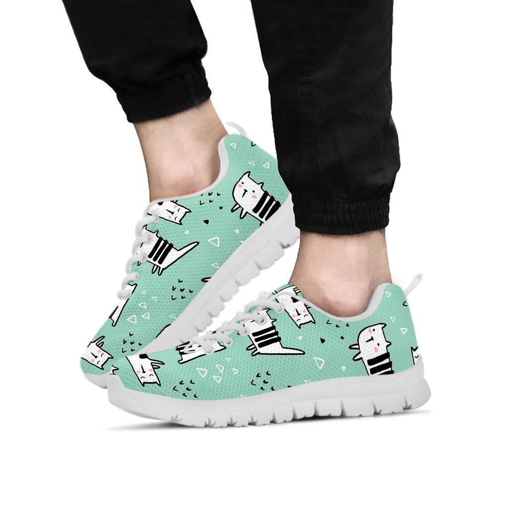 Cute Green Doodle Cat Print Men's Sneakers-grizzshop