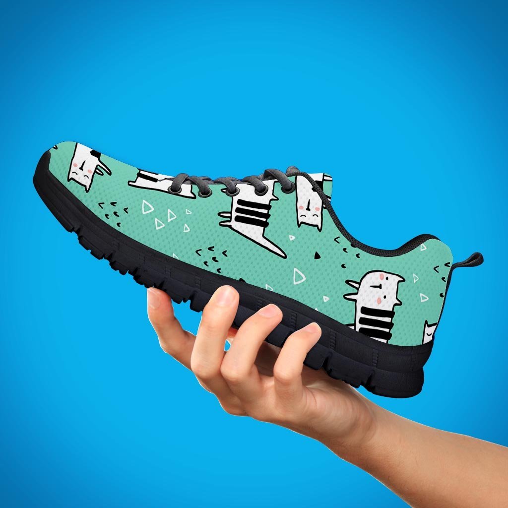 Cute Green Doodle Cat Print Men's Sneakers-grizzshop