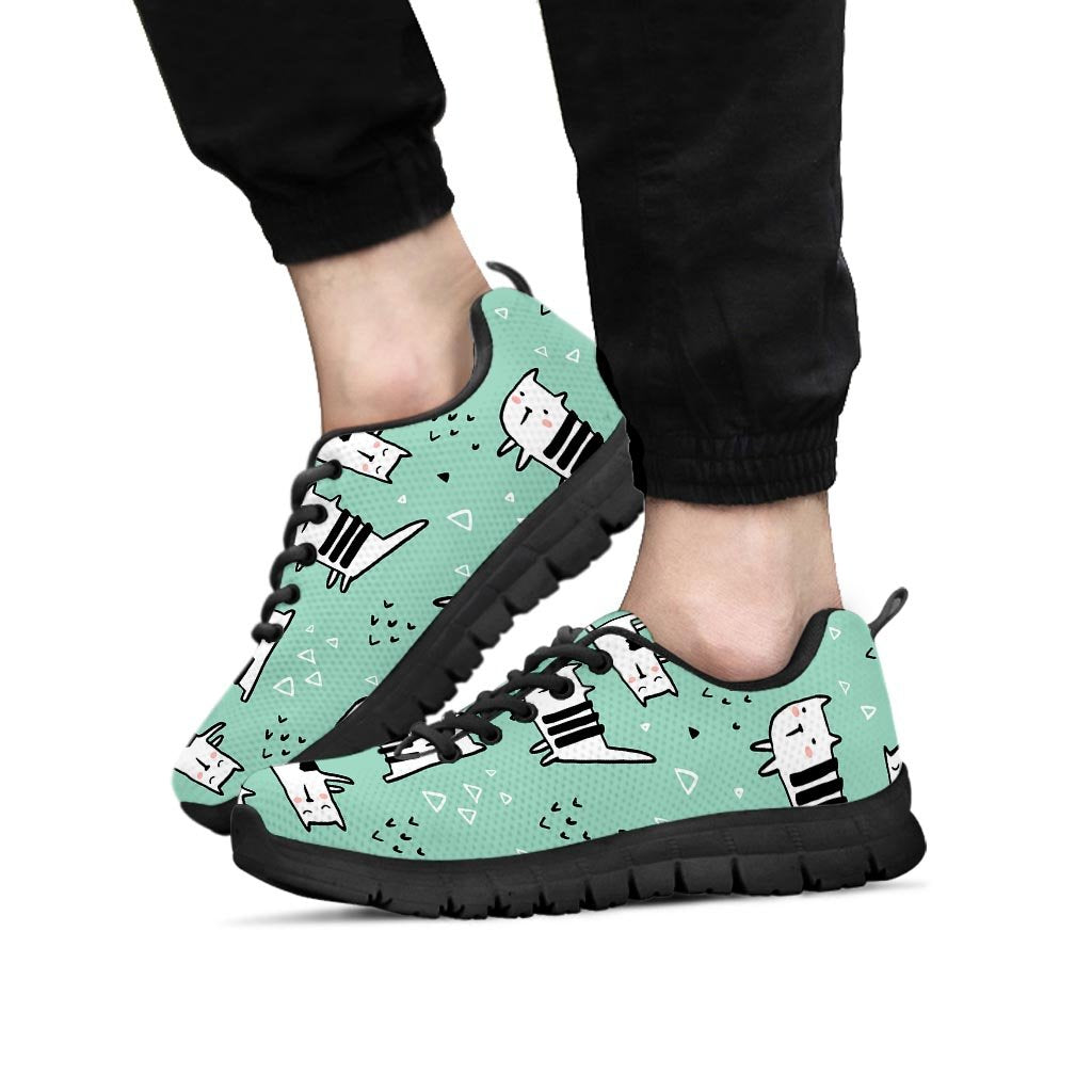 Cute Green Doodle Cat Print Men's Sneakers-grizzshop