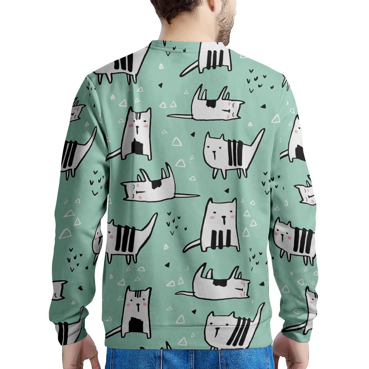 Cute Green Doodle Cat Print Men's Sweatshirt-grizzshop