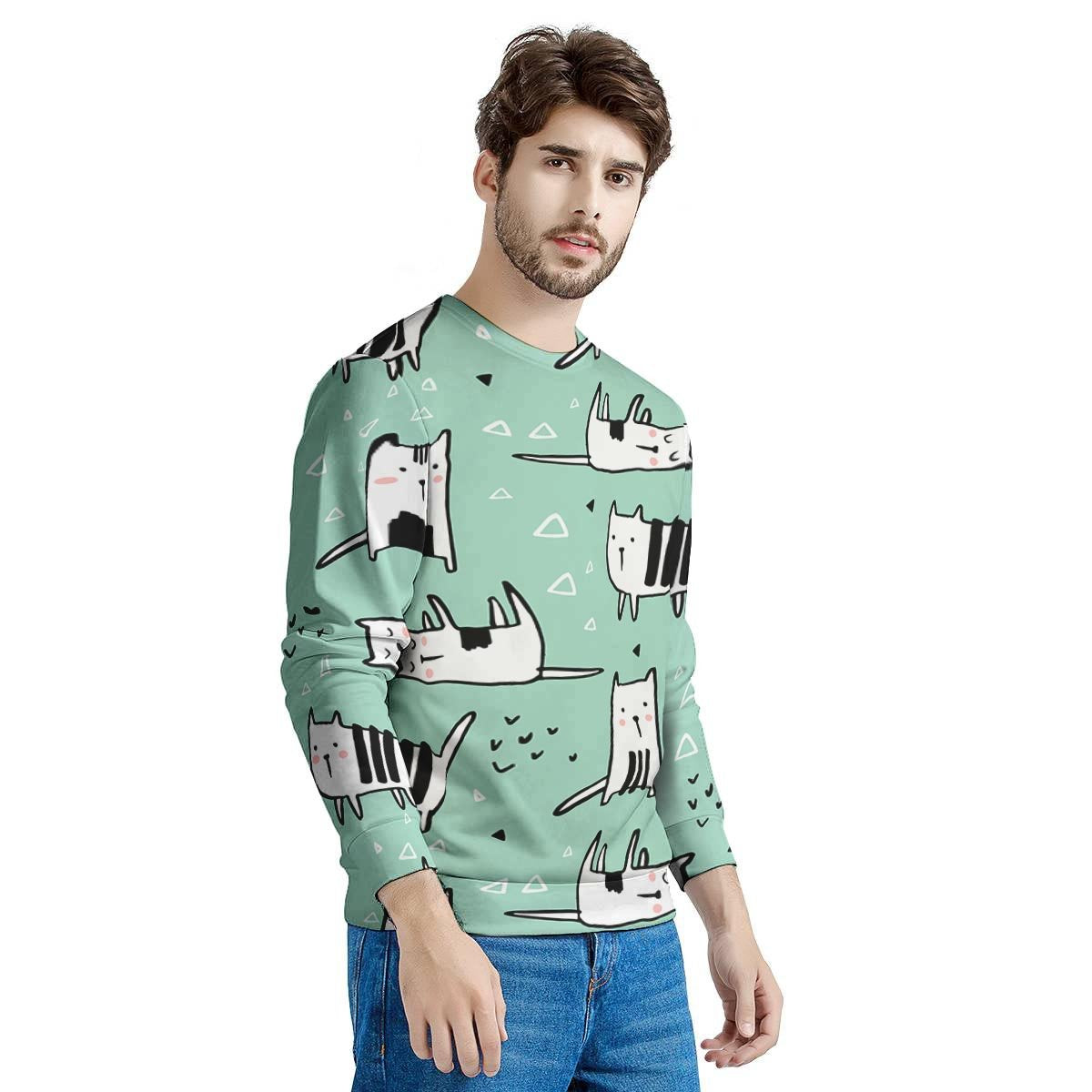 Cute Green Doodle Cat Print Men's Sweatshirt-grizzshop