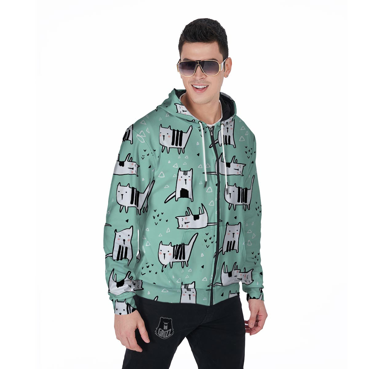 Cute Green Doodle Cat Print Men's Zip Up Hoodie-grizzshop