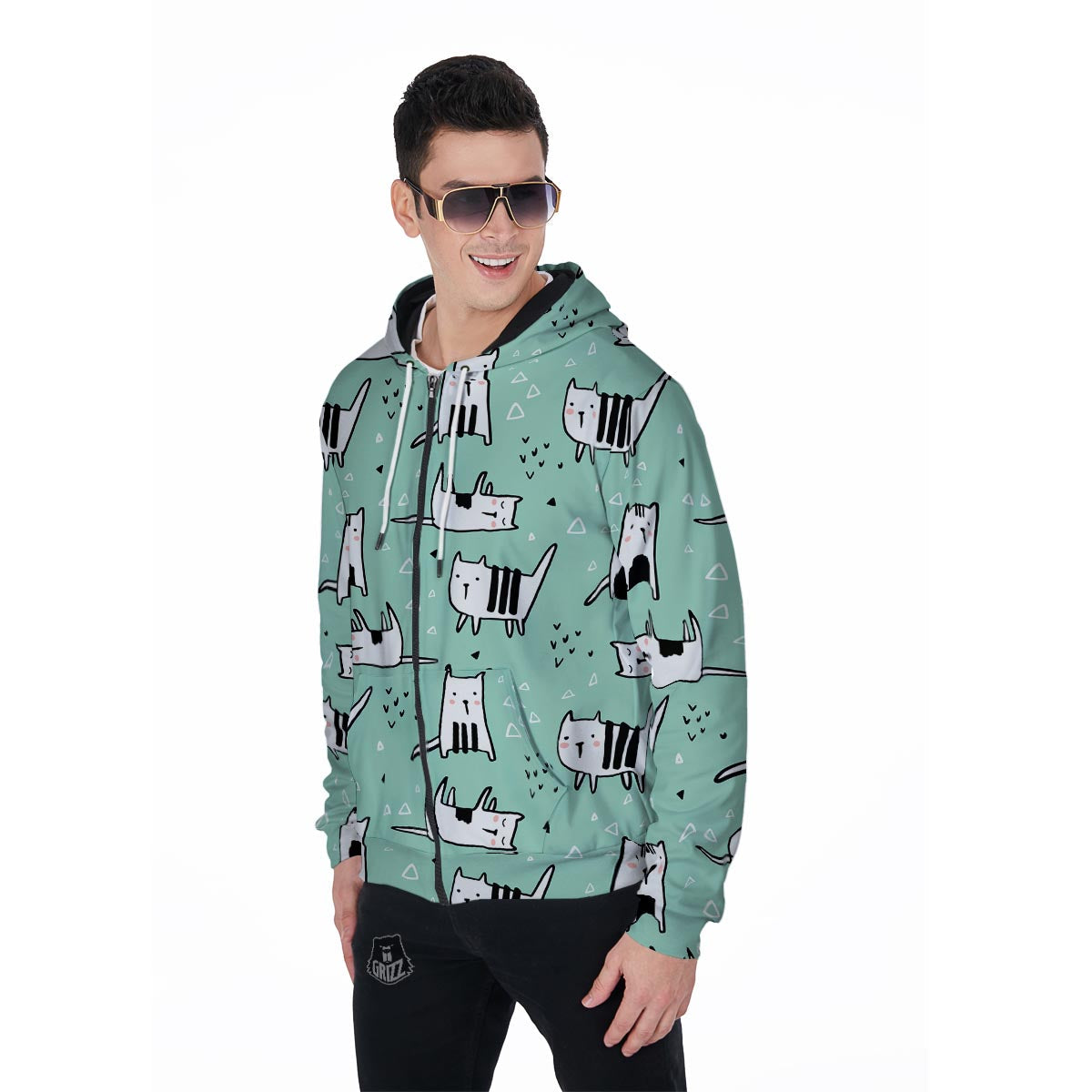 Cute Green Doodle Cat Print Men's Zip Up Hoodie-grizzshop