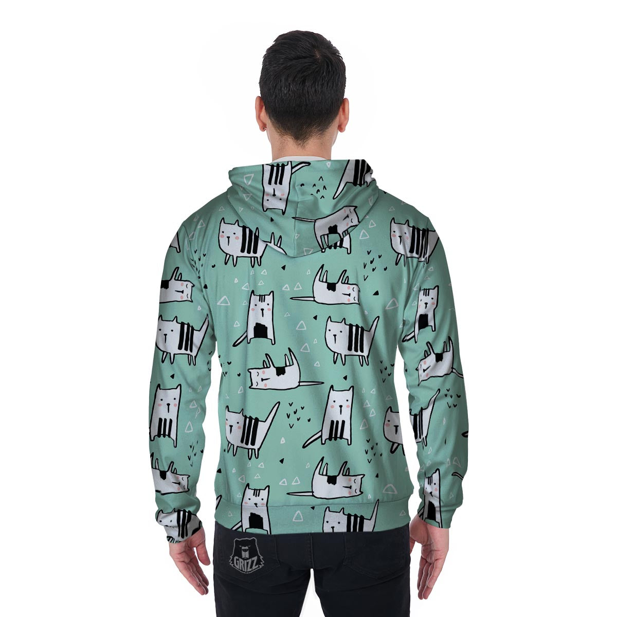Cute Green Doodle Cat Print Men's Zip Up Hoodie-grizzshop