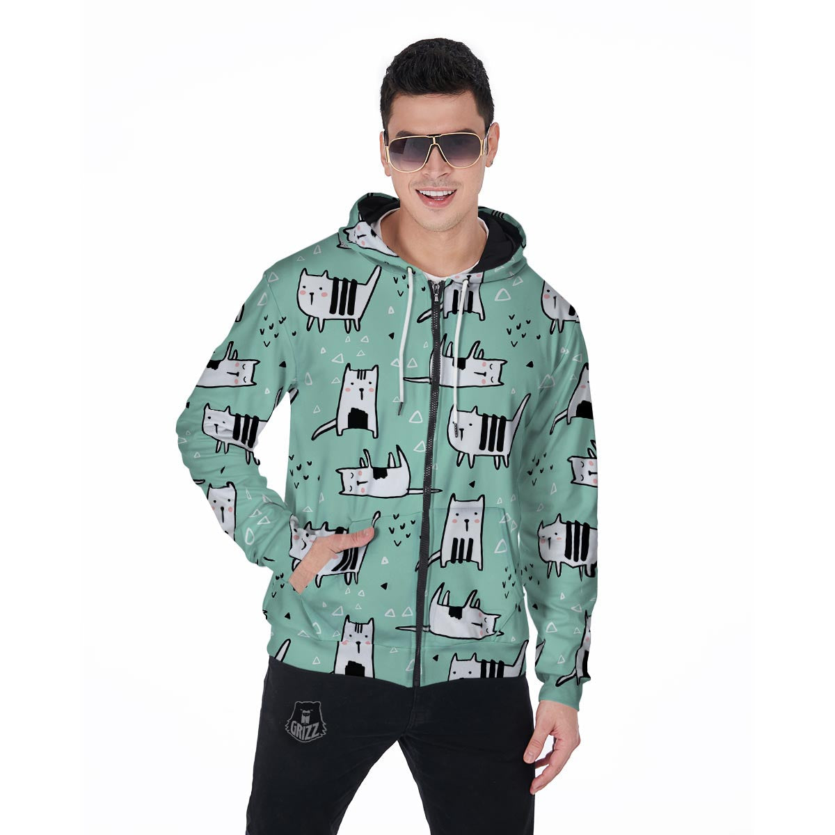 Cute Green Doodle Cat Print Men's Zip Up Hoodie-grizzshop
