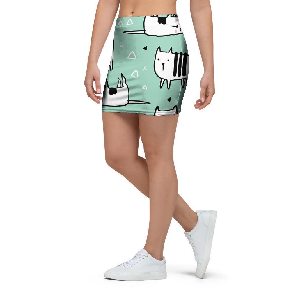 Cute Green Doodle Cat Print Mini Skirt-grizzshop