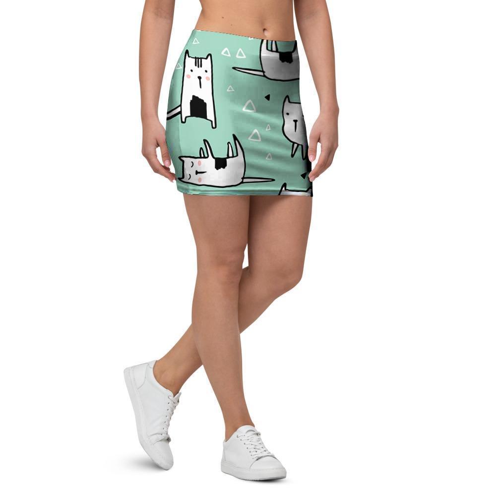 Cute Green Doodle Cat Print Mini Skirt-grizzshop
