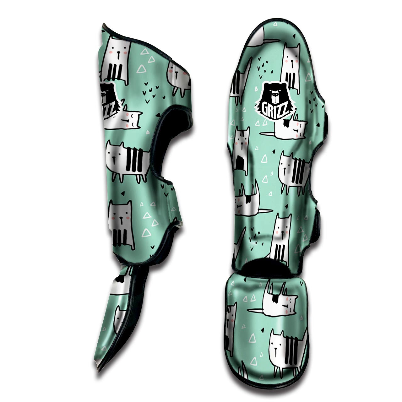 Cute Green Doodle Cat Print Muay Thai Shin Guard-grizzshop