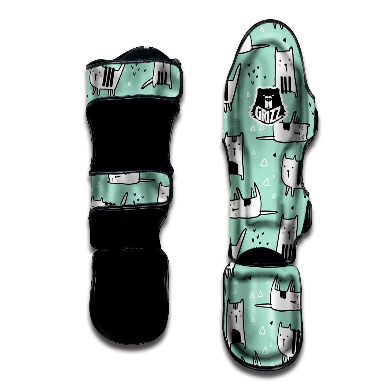 Cute Green Doodle Cat Print Muay Thai Shin Guard-grizzshop