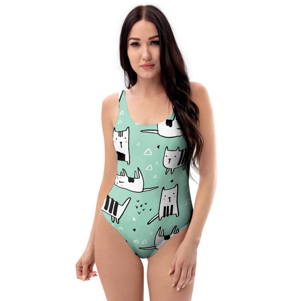 Cute Green Doodle Cat Print One Piece Swimsuite-grizzshop