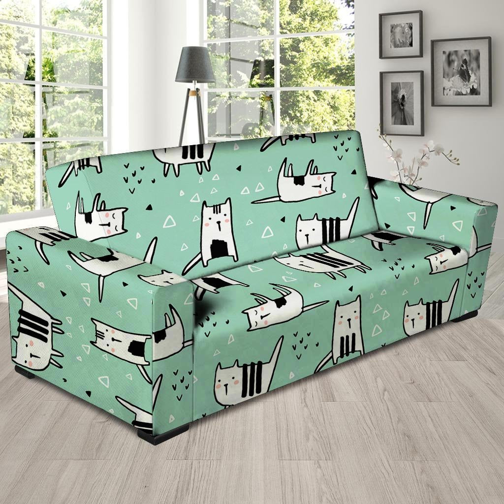 Cute Green Doodle Cat Print Sofa Cover-grizzshop