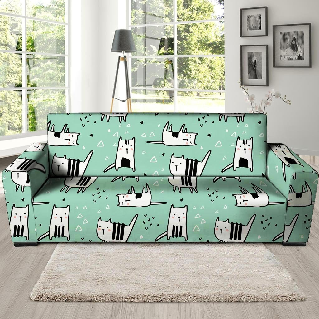 Cute Green Doodle Cat Print Sofa Cover-grizzshop