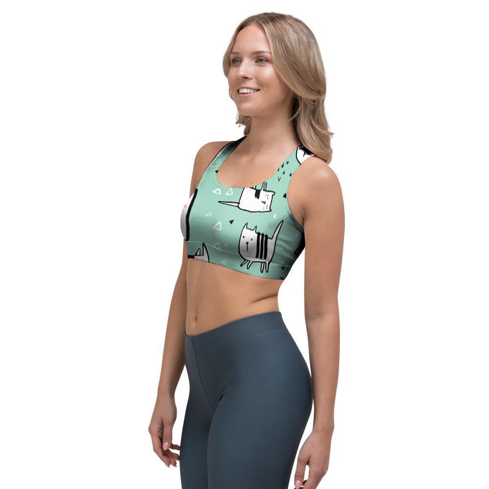 Cute Green Doodle Cat Print Sports Bra-grizzshop