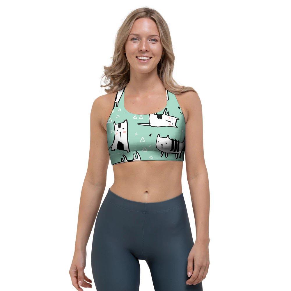 Cute Green Doodle Cat Print Sports Bra-grizzshop