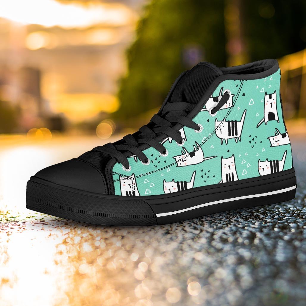 Cute Green Doodle Cat Print Women's High Top Shoes-grizzshop
