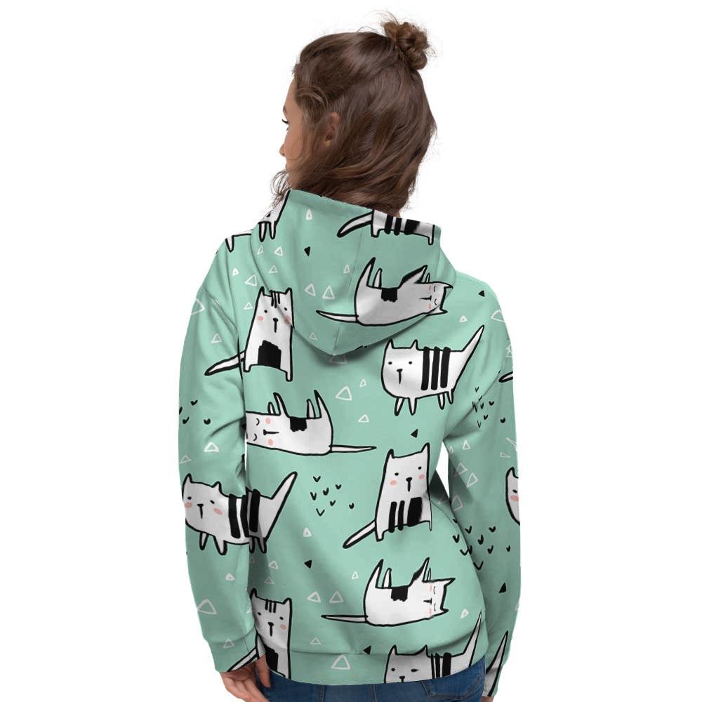 Cute Green Doodle Cat Print Women's Hoodie-grizzshop