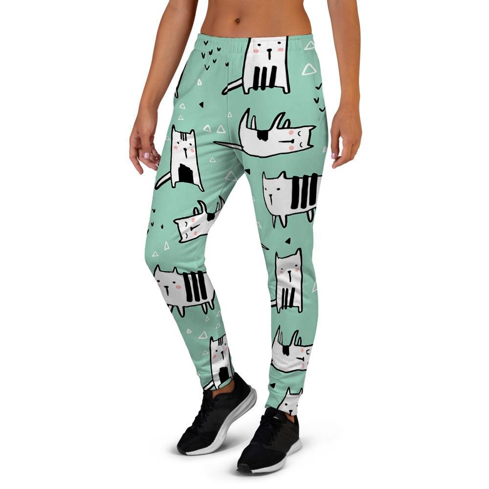 Cute Green Doodle Cat Print Women's Joggers-grizzshop