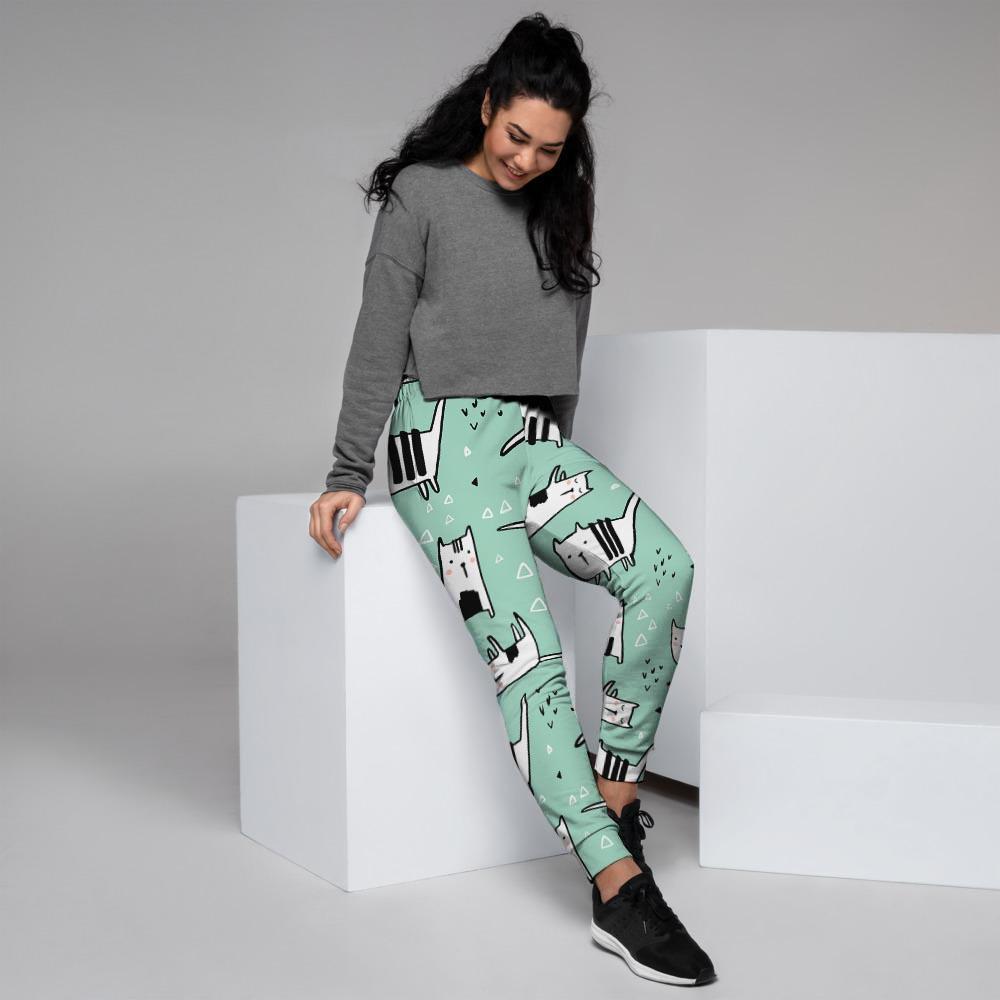 Cute Green Doodle Cat Print Women's Joggers-grizzshop