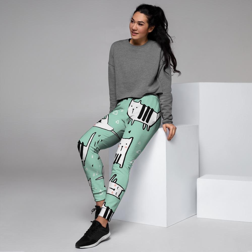 Cute Green Doodle Cat Print Women's Joggers-grizzshop