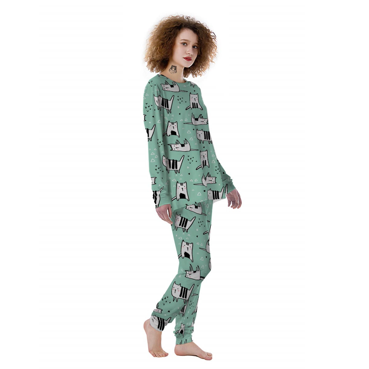 Cute Green Doodle Cat Print Women's Pajamas-grizzshop