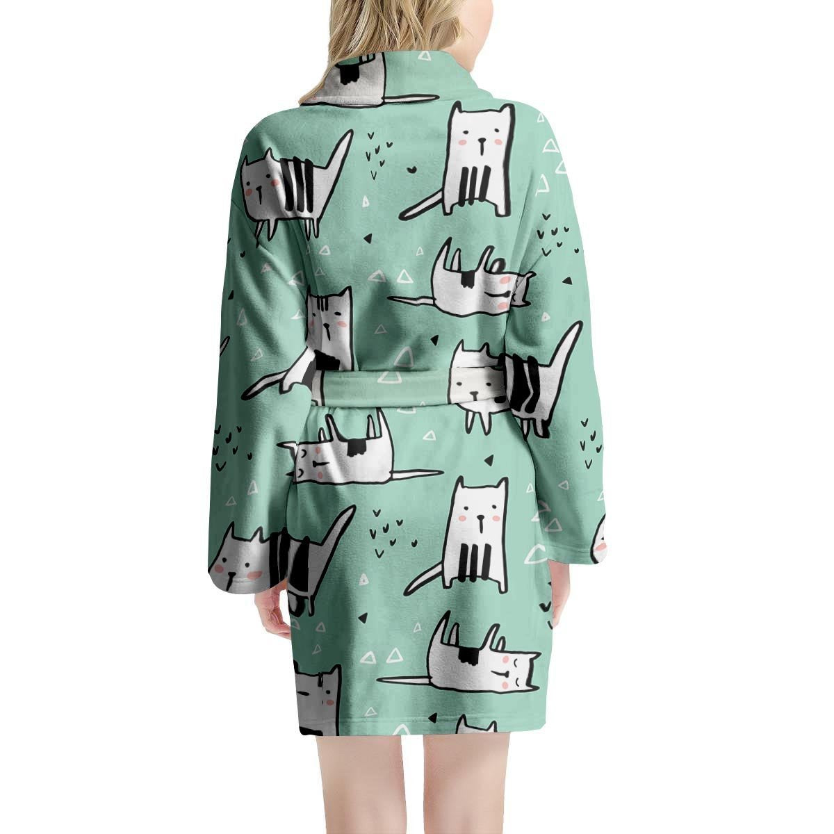 Cute Green Doodle Cat Print Women's Robe-grizzshop