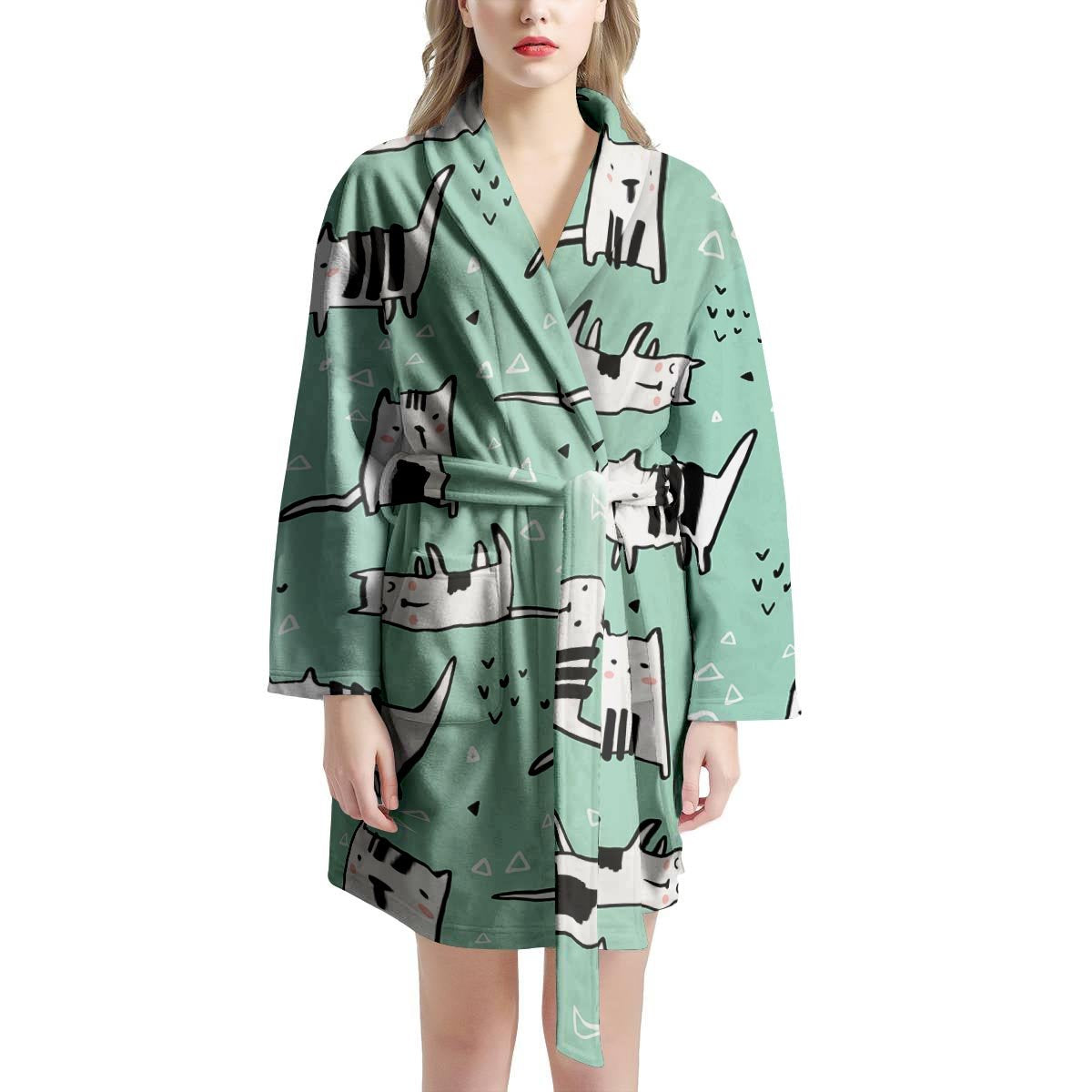 Cute Green Doodle Cat Print Women's Robe-grizzshop