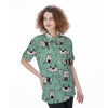 Cute Green Doodle Cat Print Women's Short Sleeve Shirts-grizzshop