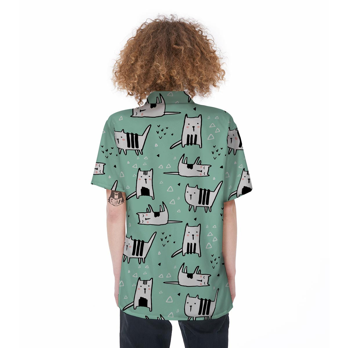 Cute Green Doodle Cat Print Women's Short Sleeve Shirts-grizzshop