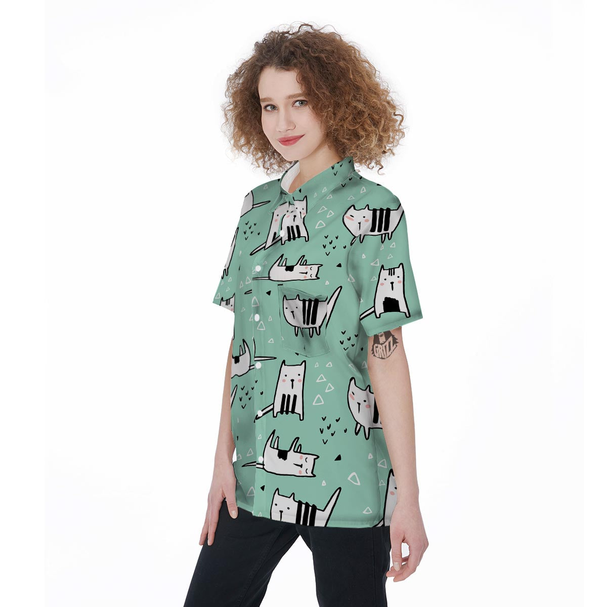 Cute Green Doodle Cat Print Women's Short Sleeve Shirts-grizzshop