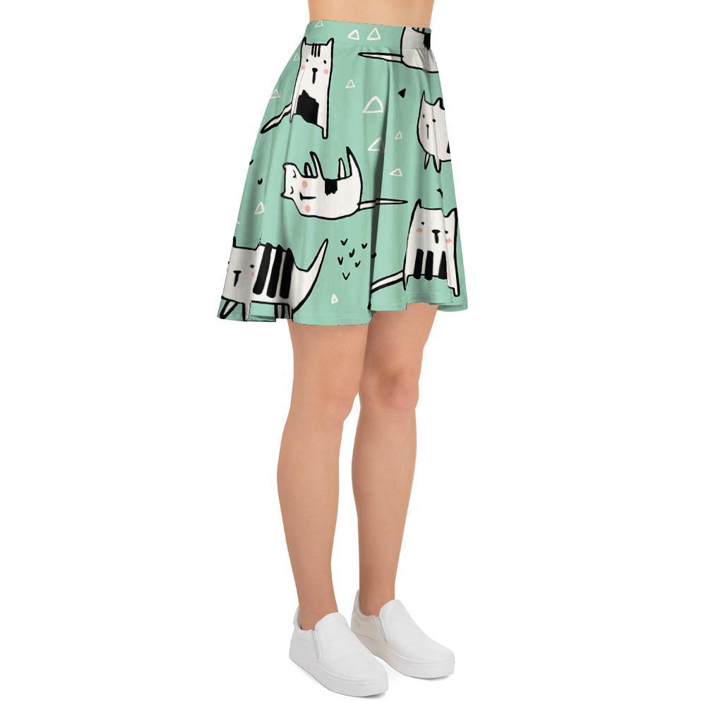 Cute Green Doodle Cat Print Women's Skirt-grizzshop